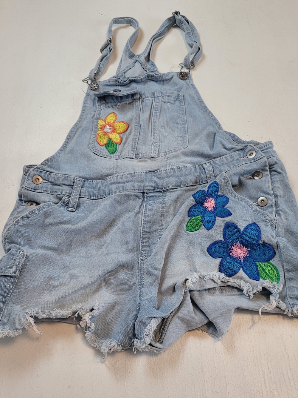 No Boundaries Light Blue Denim Floral Embroidered Short Overalls